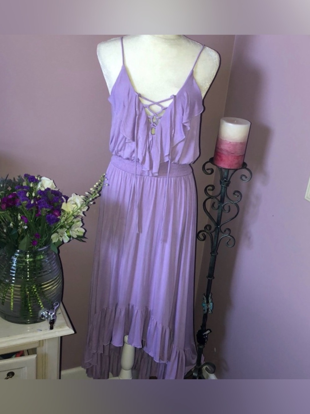 Venus Lavender Ruffle Spaghetti-Strap Maxi Dress